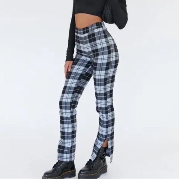 Princess Polly Split Checkered Flare Leg Pants Blue & Black Size 4 - Picture 1 of 11